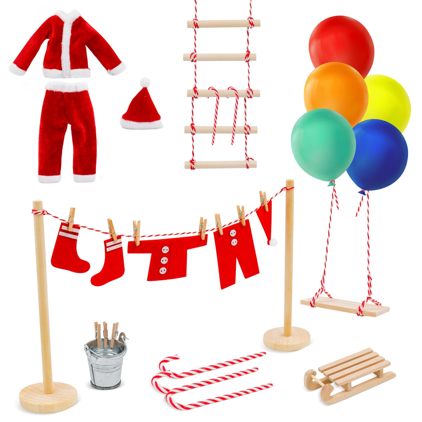 BEIREG 42pcs Christmas Elf Clothes Accessories Set - Red & Green, Polyester, Includes Clothes, Balloons, Ladder, Swing, Mini Props