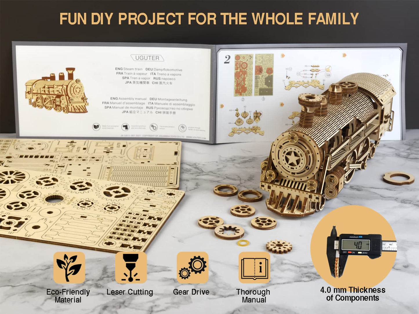 Uguter 3D Wooden Puzzles Train Locomotive Diy Gear Drive Mechanical Model Brain Teaser Games Stunning Gifts For Adults And Teens