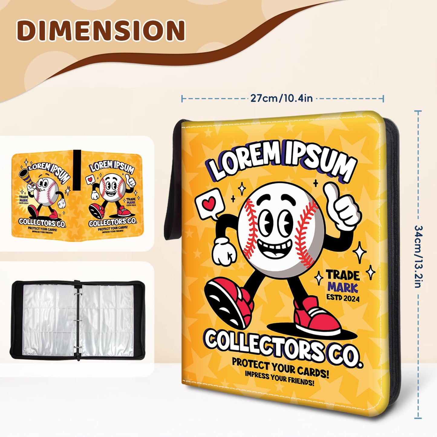 Wazzio 900 Pocket Baseball Card Binder  Trading Card Storage Album with 50 Durable 9-Pocket Pages  Baseball Design on Pocket Card Packs  Gifts for Zipper Closure Collector's Album