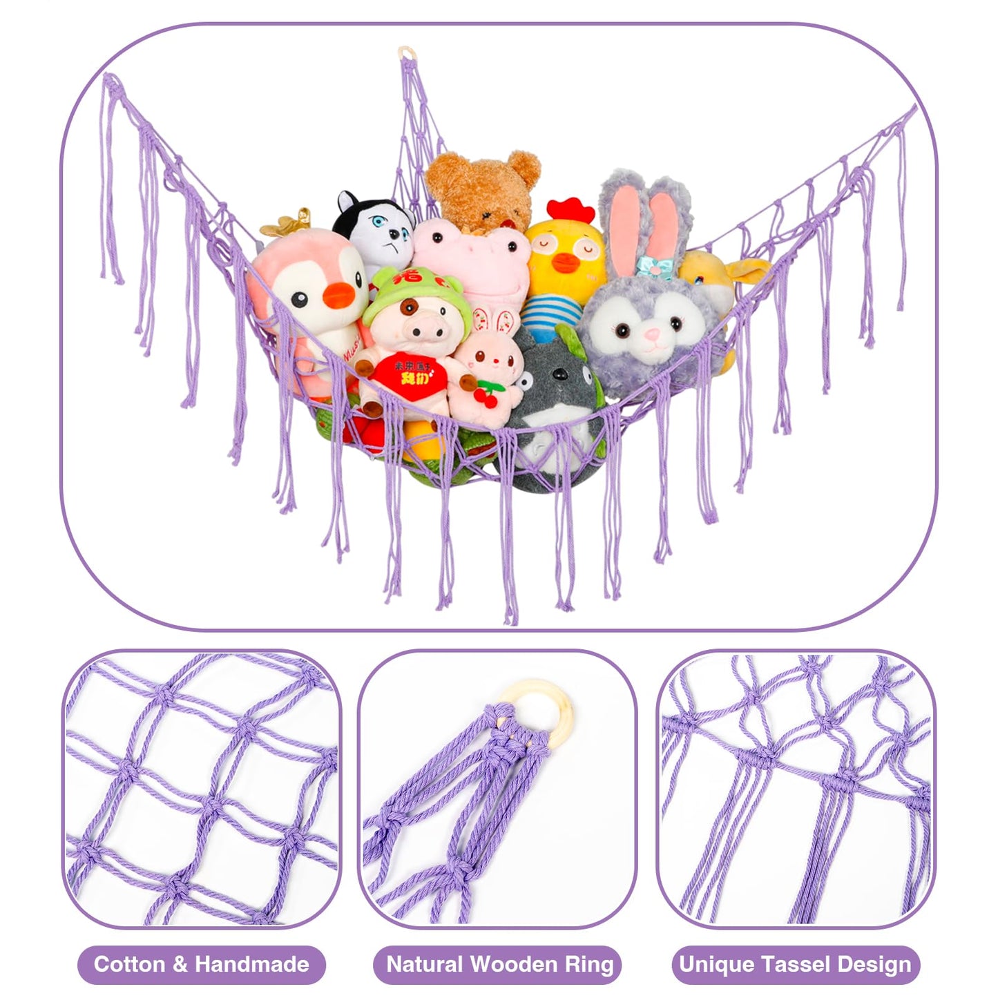Yelienm Boho Stuffed Animals Net Or Hammock Large,55 Inch Toy Hammock Macrame Stuff Animal Storage Corner Hanging Net Holder,Mes