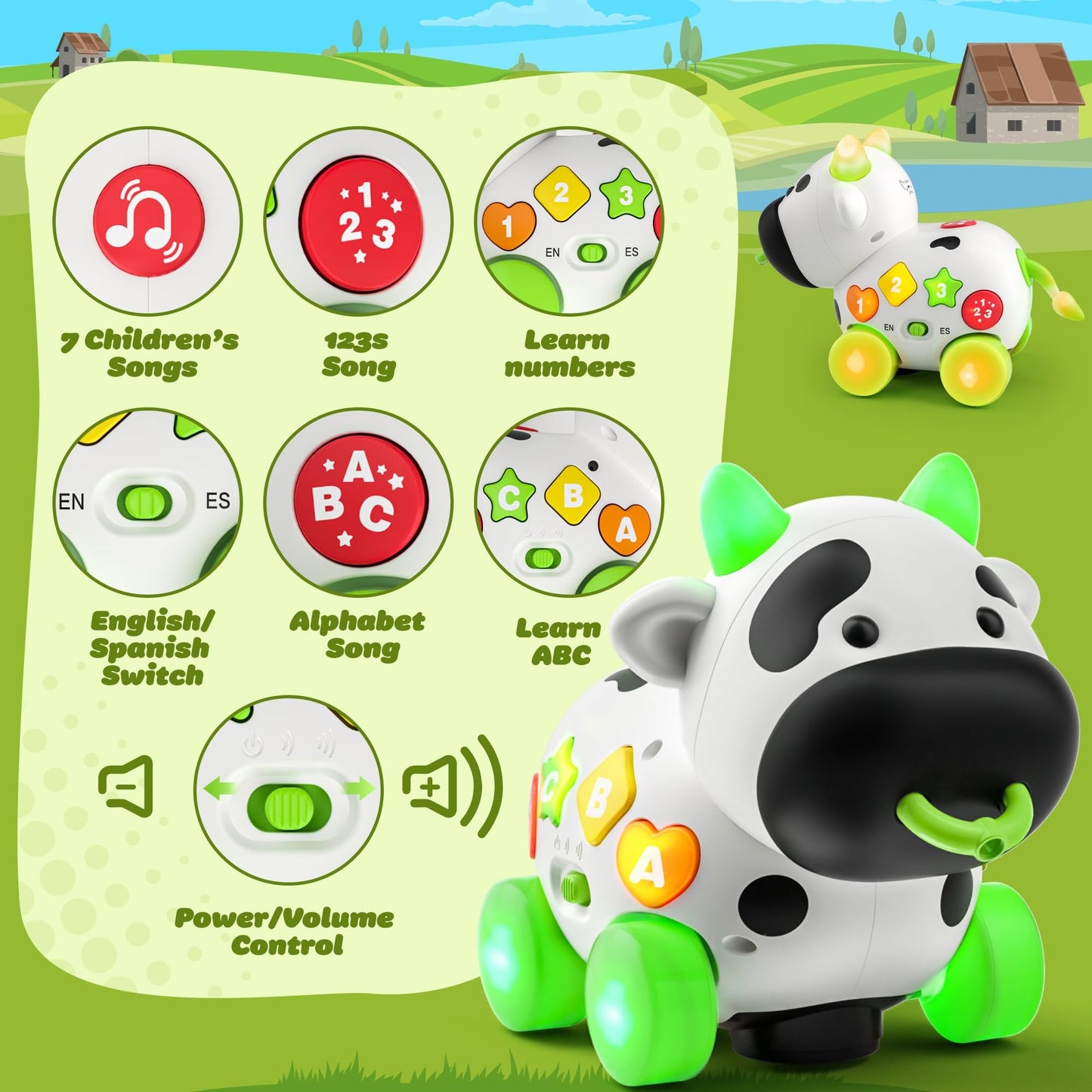 Musical Cow Toys For 1+ Year Old Boy Girl Birthday Gift, 1St For 1 Yr Toddler, Baby Crawling Toy 6-12 Months, Bilingual 12-18 Mo