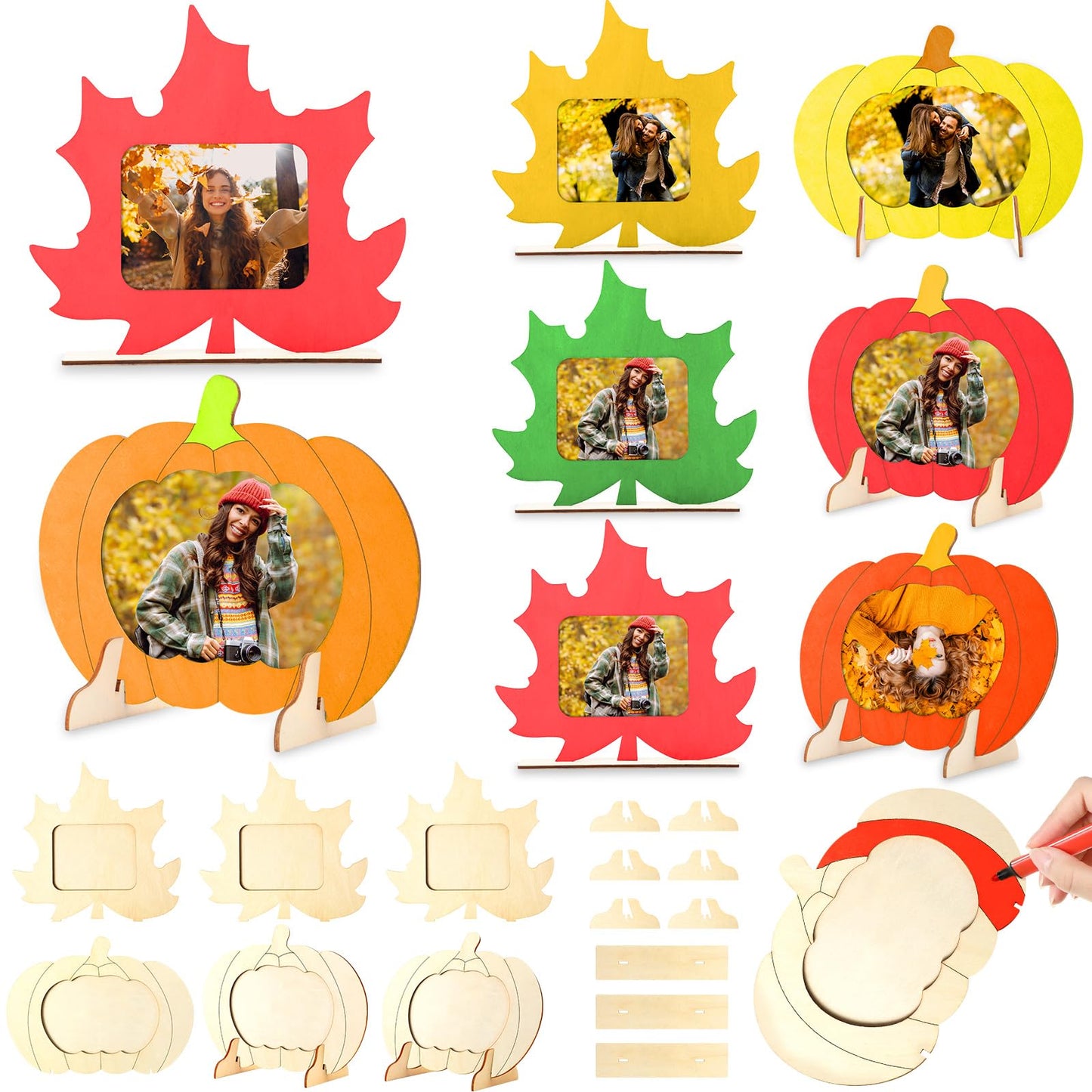 Geelin 6 Pack Thanksgiving DIY Picture Frame Craft Kits Wooden Pumpkin Maple Leaf Photo Frames Bulk Fall Thanksgiving Crafts for