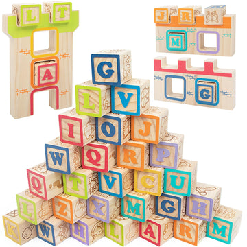 Wooden Building Blocks For Toddlers 2-3, Abc/Animals Castles Montessori Toys, Preschool Learning Toys Stacking Block For Prescho