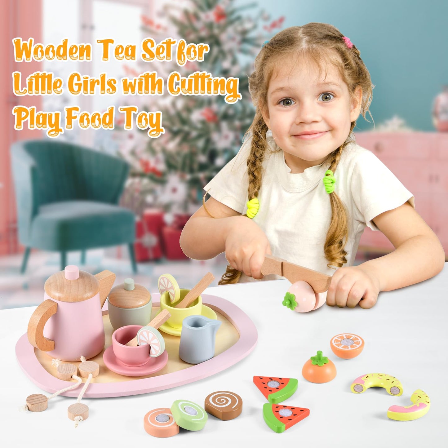 Wooden Tea Party Set, Tea Set for Little Girls 1-3 Toddler Tea Sets for Girls 2-4 with Wooden Toys Food Pretend Play Tea Party W