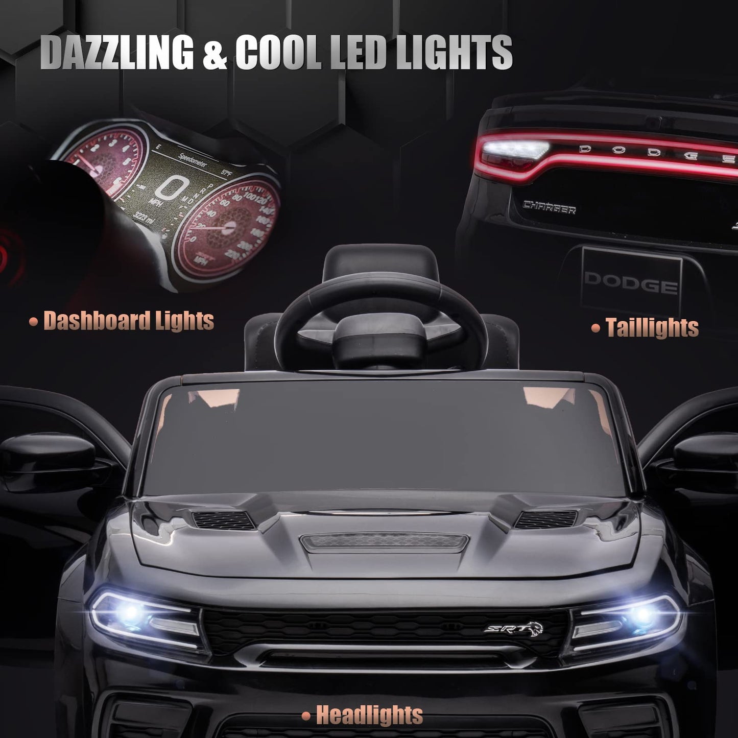 Enyopro 12V 7Ah Kids Electric Ride On Car, Licensed Dodge Charger Srt Hellcat, Battery Powered 4-Wheels Toy Car Electric Vehicle For Kids With Remote Control, 3 Speeds, Led Lights, Music (Black)