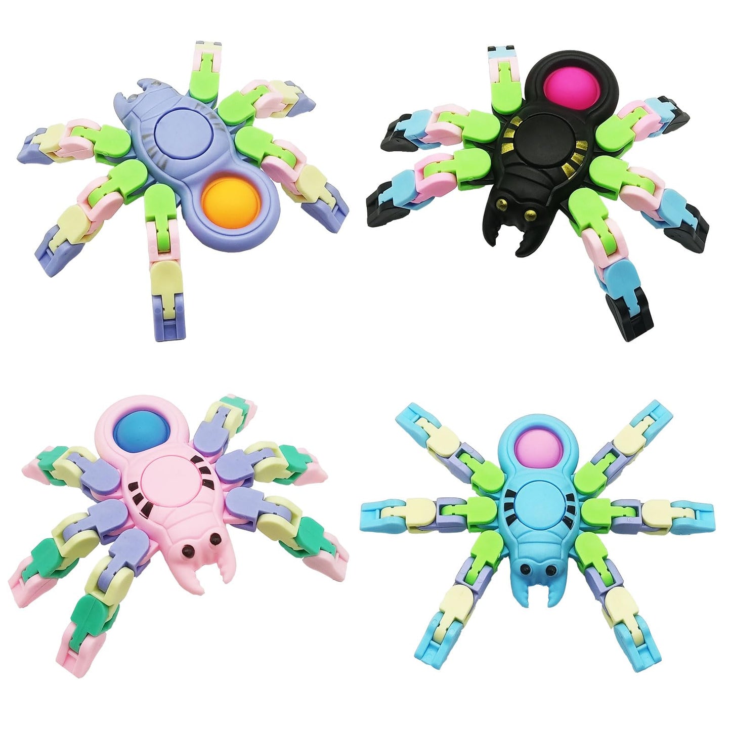 Sensory Fidgets Toys For Kids And Adults,4 Pack Transformable Fidget Spinners For Boys Girls, Chain Pop Spider Fingertip Toy For