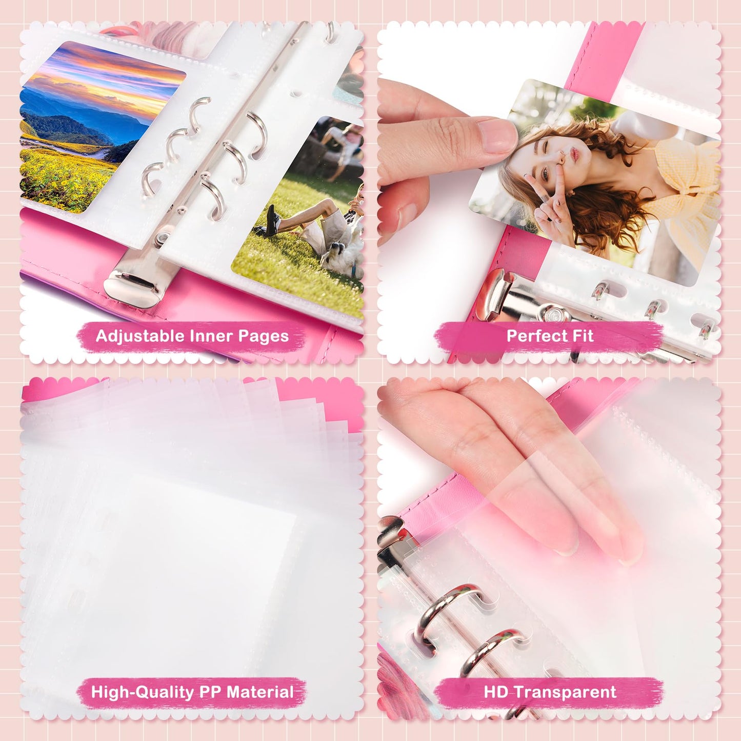 A5 Kpop Photocard Binder  PU Leather 6-Ring Album with Magnetic Closure  Includes 30 Pack 4-Pocket Pages for 240 Cards  Card Holder for Trading and Collectible Cards (Rose)