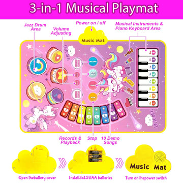 Unicorn Musical Mat For Baby Girls 1 2 3 Years Old, 3 In 1 Music Mat Sensor Toy For Toddler Girls Age 1-3 Floor Play Dance Mat W