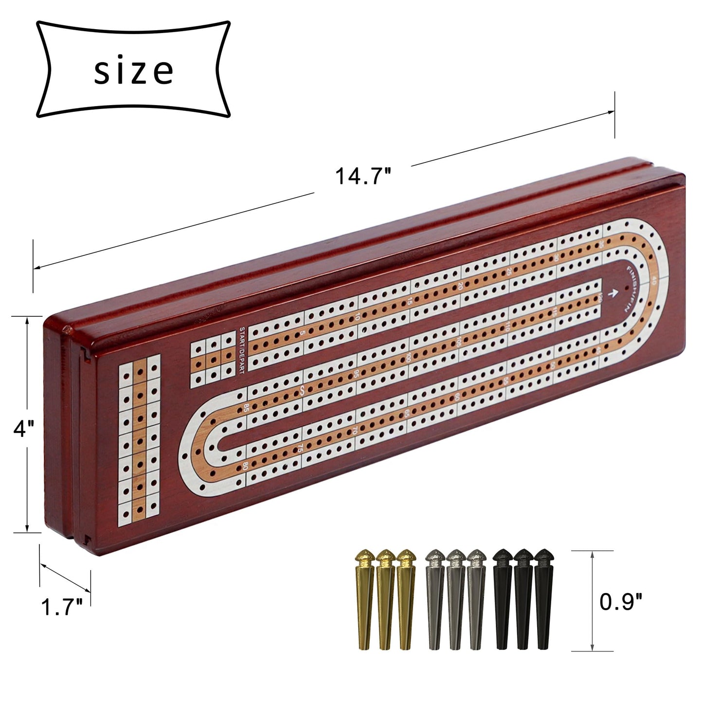 Juegoal Cribbage Board Game Set - Solid Wood, 3 Track, Portable with 9 Pegs & 2 Decks of Cards, Black, Model JFBNEW