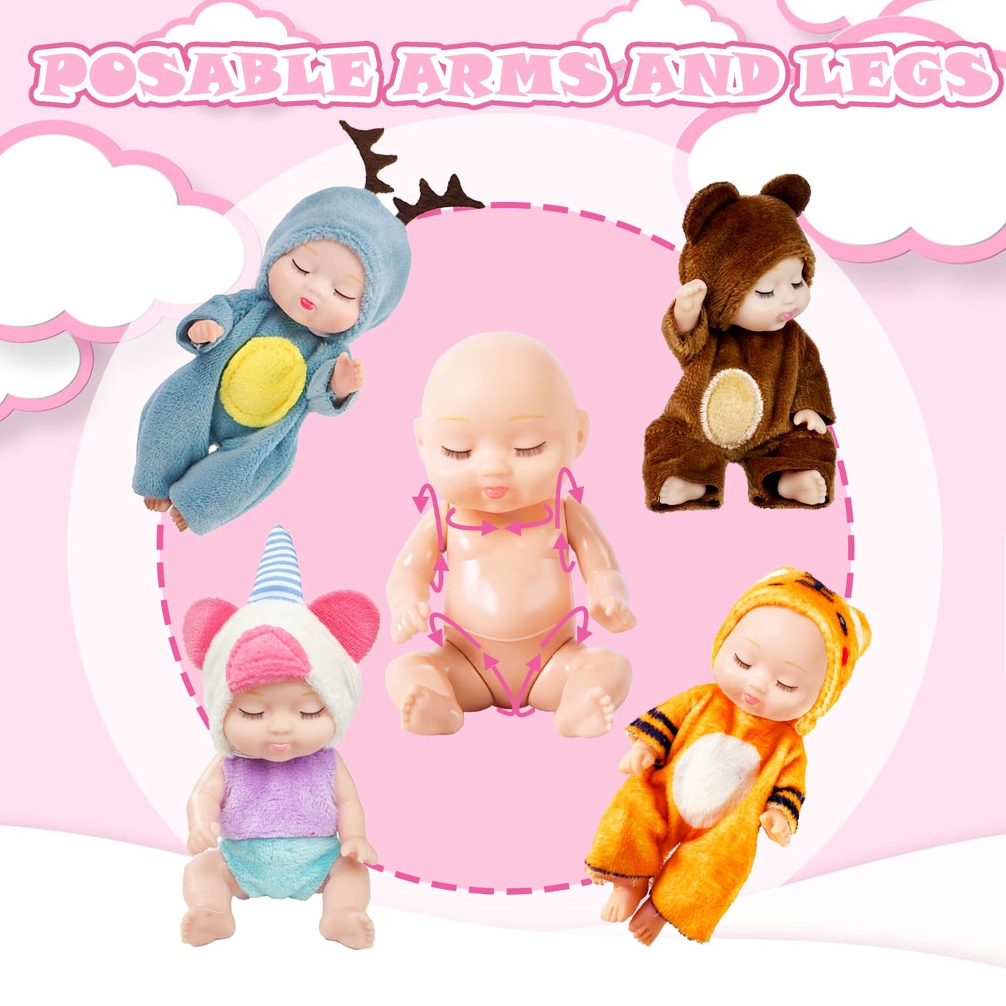 Haawooky 6 Pcs 4 Inch Mini Baby Dolls,Cute Small Baby Doll Toys with 8 Pcs Animal Clothes,Lifelike Realistic Reborn Tiny Baby Do