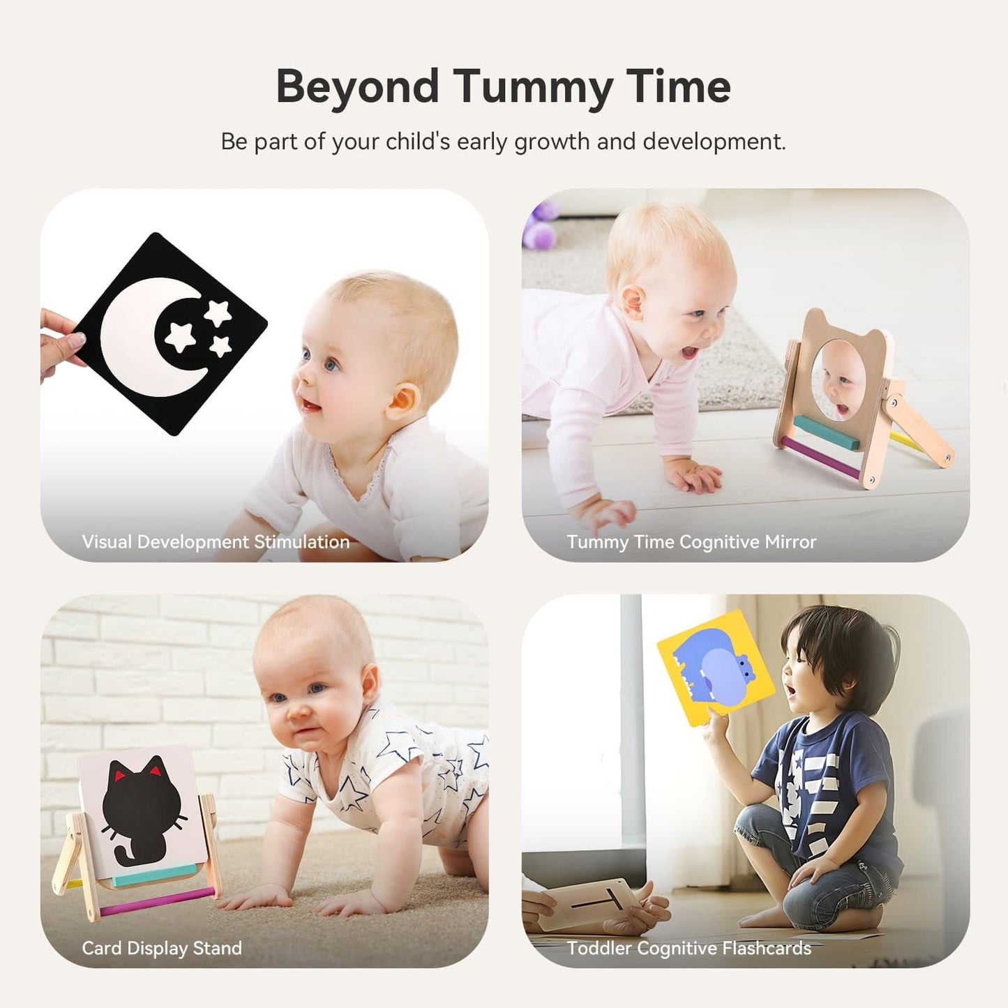 Ieatfo Rotating Baby Safe Mirror With 120 Pages Visual Stimulation Cards - Wooden Tummy Time Mirror Toys - Black White Red And C