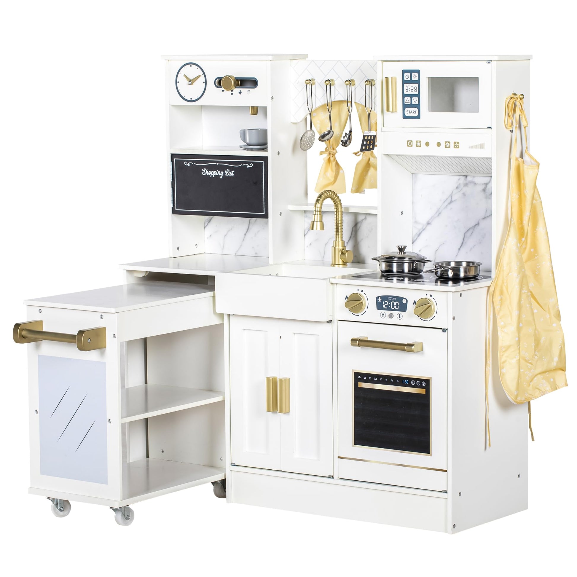 BRINJOY Kids Play Kitchen with Removable Cart, Wooden Toddler Kitchen Playset with Oven, Stove, Sink, Coffee Maker, Pretend Play