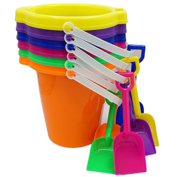 4E's Novelty 6 Pack 7.5'' Beach Buckets and Shovels for Kids Bulk - Strong Large Sand Bucket for Toddler Beach Toys for Kids 3-1
