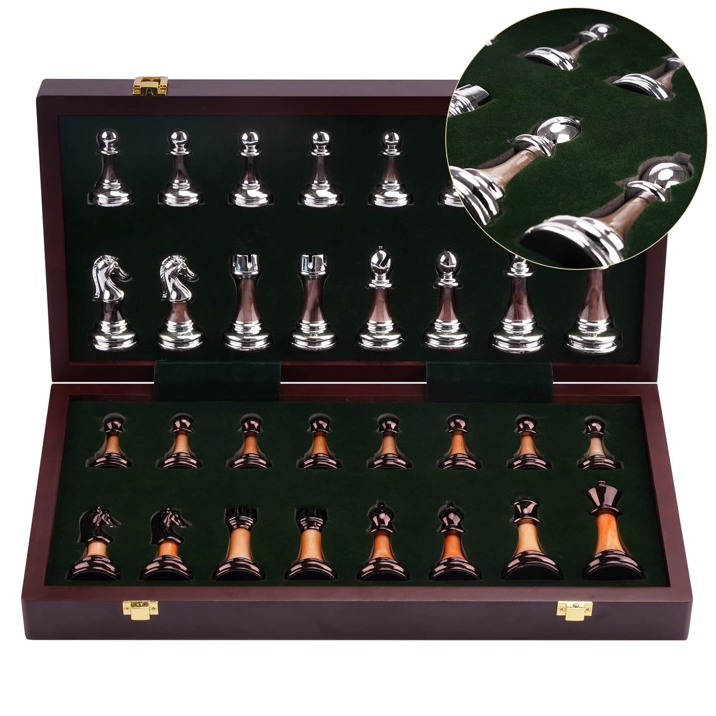 15'' Metal Chess Sets For Adults Kids With Zinc Alloy + Acrylic Chess Pieces & Portable Folding Wooden Chess Board Travel Chess