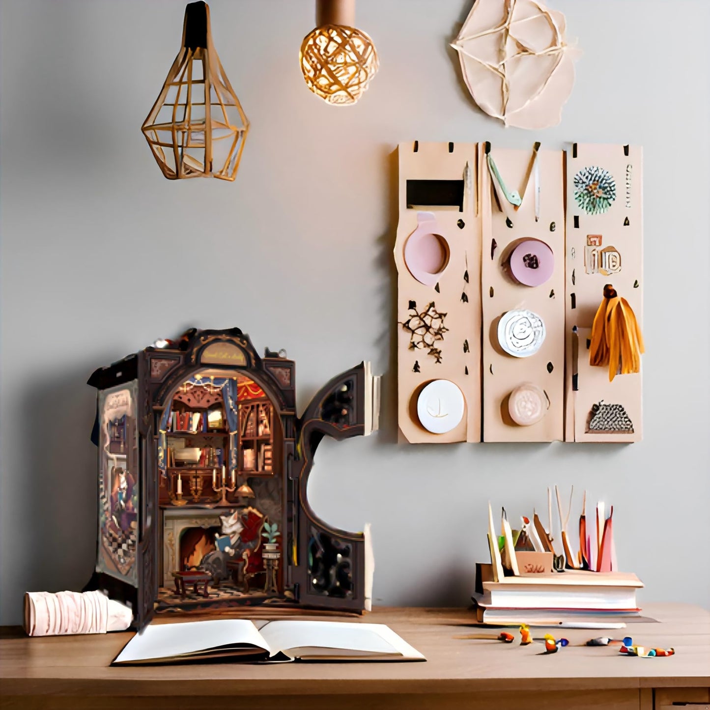 Fsolis DIY Miniature House Kit - Colorful Book Nook Puzzle for Adults, Cat's Study, Model FSD03, Perfect Craft for Teens & Women