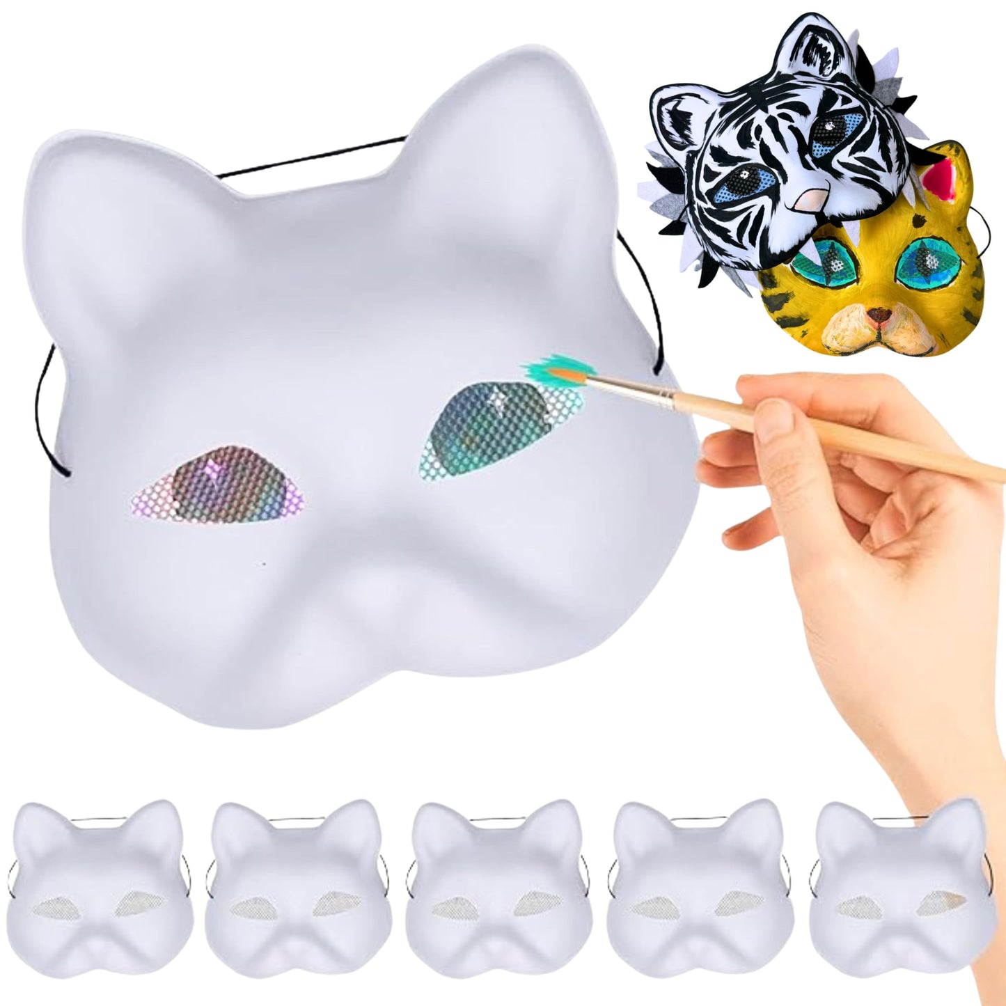 5PCS Therian Cat Mask- Eye Mesh Pre Installed, Plastic Animal Mask Base to Painted DIY for Furry Masquerade Cosplay Props Costum