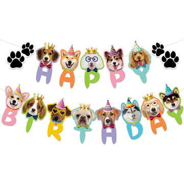 Tsj Happy Birthday Dog Birthday Banner, Dog Face Party Banner, Dog Theme Party Bunting Decoration Puppy Party Supplies For Birth