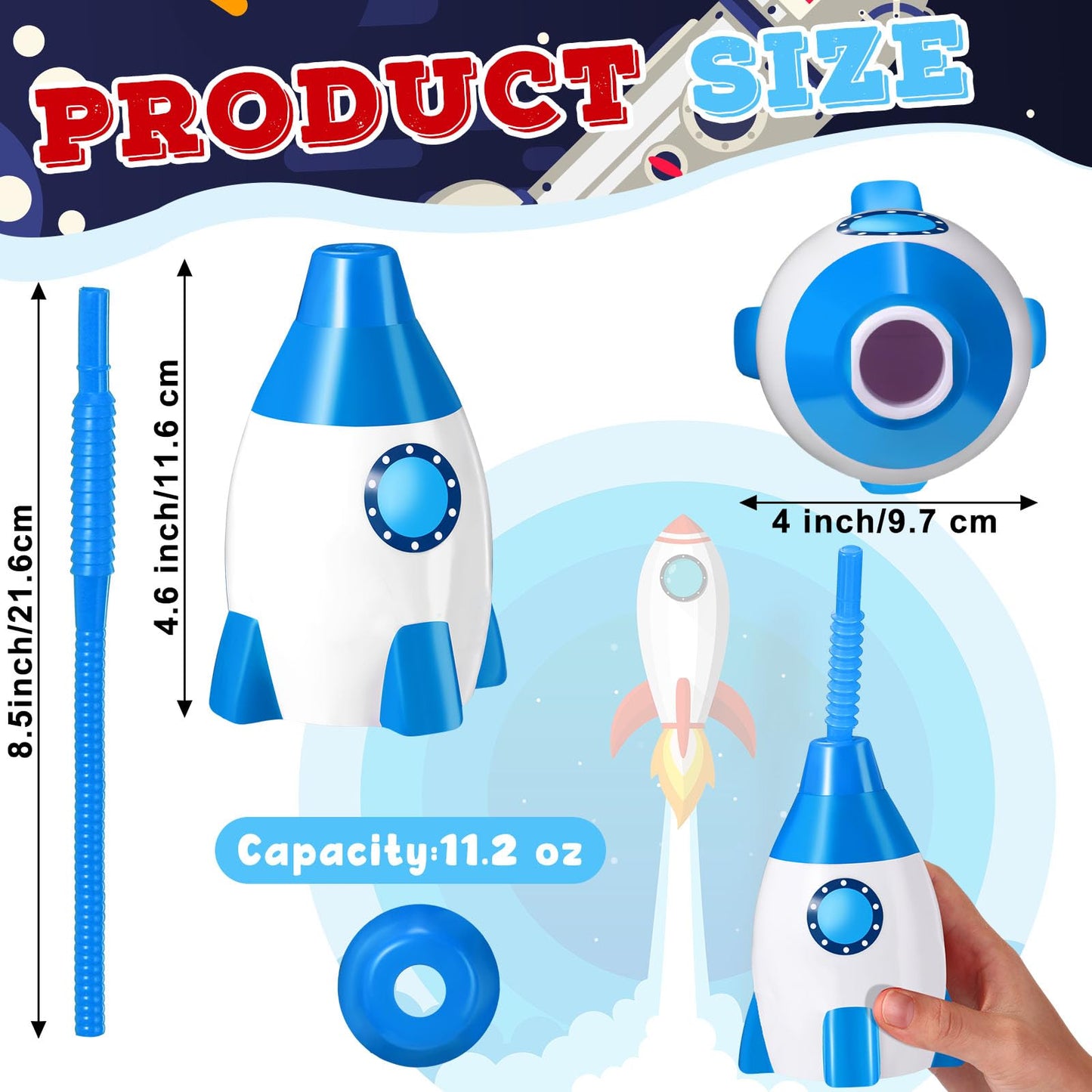Tanlade Space Cups Bulk Plastic Rocket Shape Cups Rocket Bottles with Straws Universe Themed Party Favor Gift Supplies, Reusable