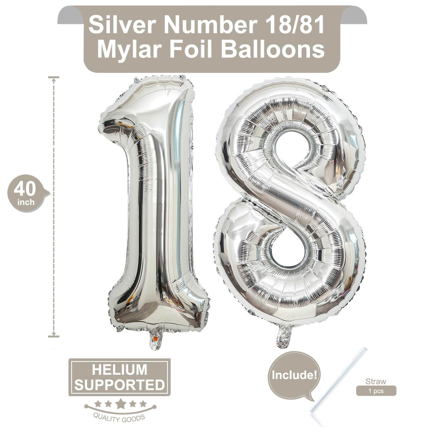 LHOAVWE 40 Inch Silver Number 18 Balloons - Aluminum 18th Birthday Party Decorations Supplies