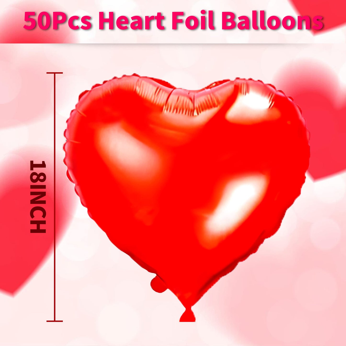 Red Heart Balloons- 50Pcs 18Inch Foil Heart Balloon, Valentine Day Balloons, Room Decorations Kit Party Props Decor Love Balloons Red Valentines Day Heart Balloons