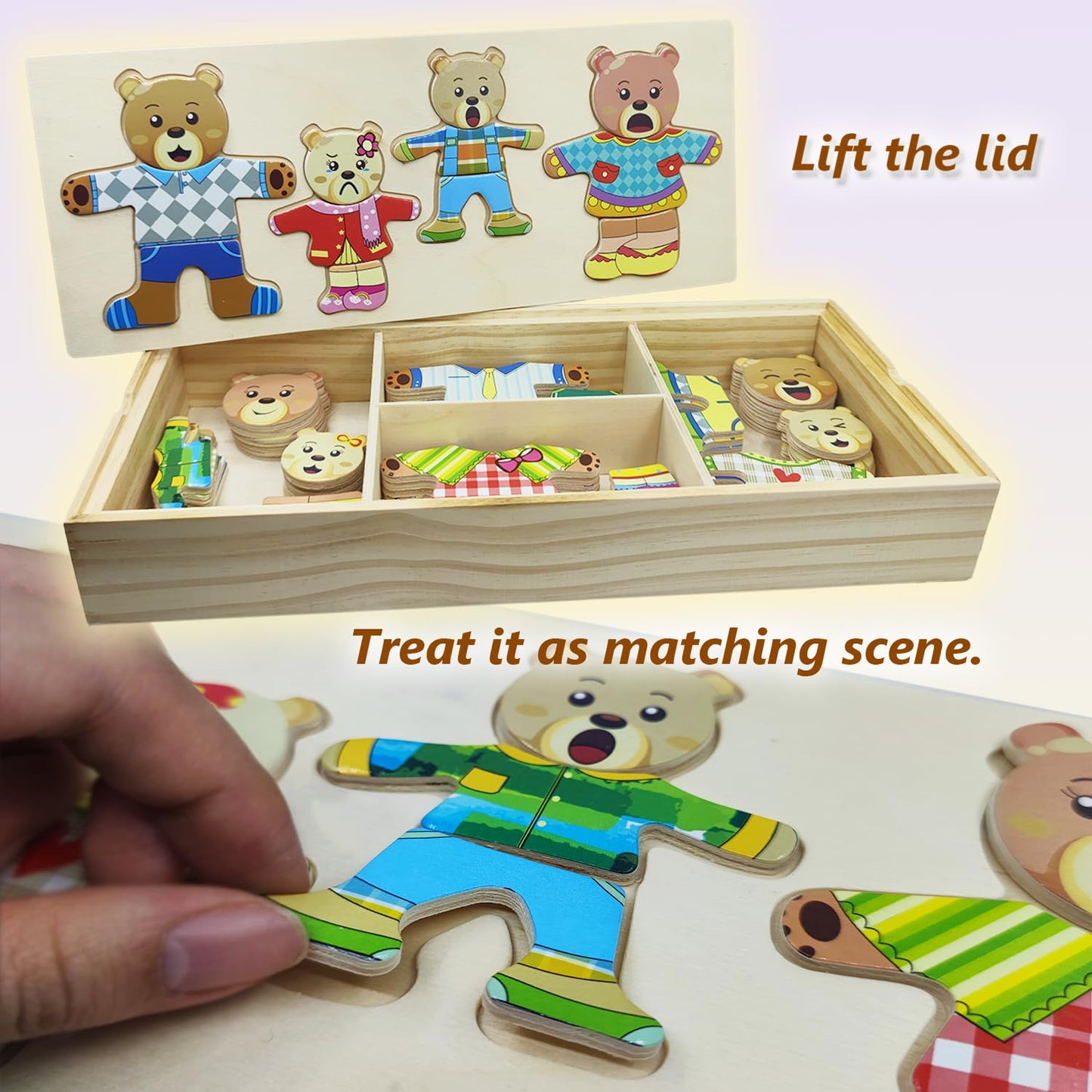 Lilybeauty Wooden Bear Family Dress-Up Puzzle Box For Toddlers(72Pcs),Change Clothes Puzzle Games, Preschool Learning Activities