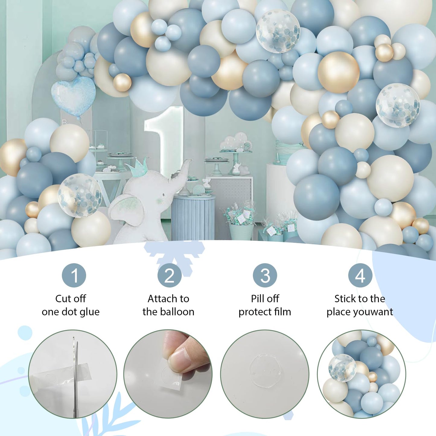 Ilafm 150Pcs Dusty Baby Blue Balloon Arch Garland Kit, Sand White Slate Fog Pastel Baby Blue Balloons Metallic Gold For Boy Baby