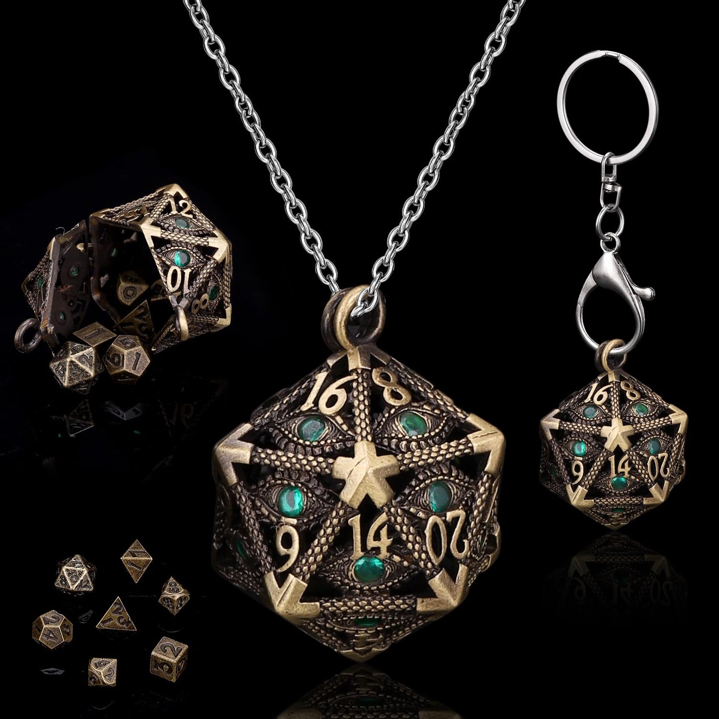 ManChDa Mini Metal DND Dice Set Hollow D20 Necklace Dice DND Case Metal Dice Set DND Keychain 7PCS Dice Set Bronze Green