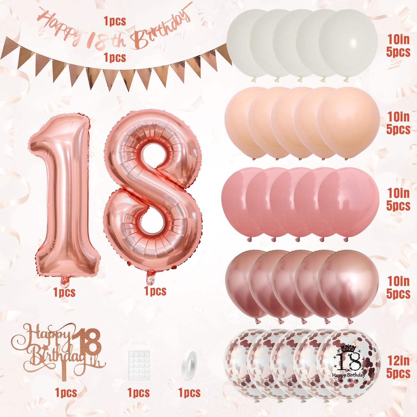 18Th Birthday Decorations Retro Pink Rose Gold,18Th Birthday Balloons,Happy 18Th Birthday Banner With Cake Toppers Number 18 Bal