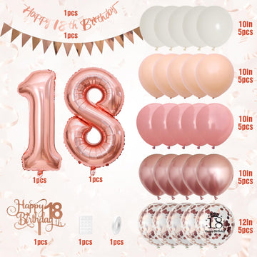 18Th Birthday Decorations Retro Pink Rose Gold,18Th Birthday Balloons,Happy 18Th Birthday Banner With Cake Toppers Number 18 Bal