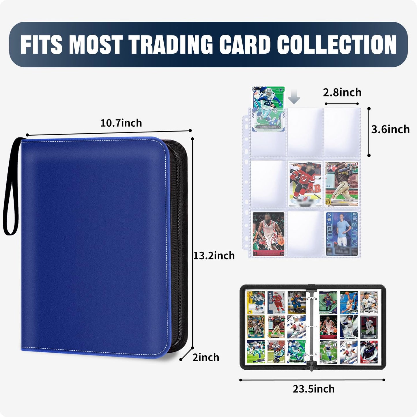 HESPLUS 900 Pockets Trading Card Album Folder  Baseball Card Binder with Sleeves  Collectible Trading Album for Baseball Cards  Trading Cards  Football Cards  MTG  TCG  Game Cards  Sports Cards -Blue