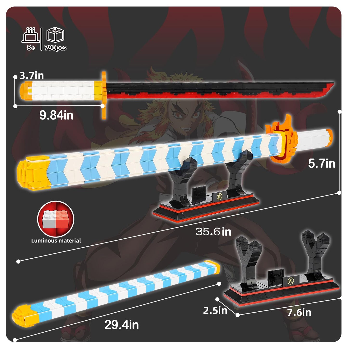 TOY PLAYER Demon Slayer decorative replica blade Toy Building Set  Rengoku Kyoujurou decorative replica blade with Scabbard and Stand  Katana Building Set  Gift for Anime Fans (792 Pcs)