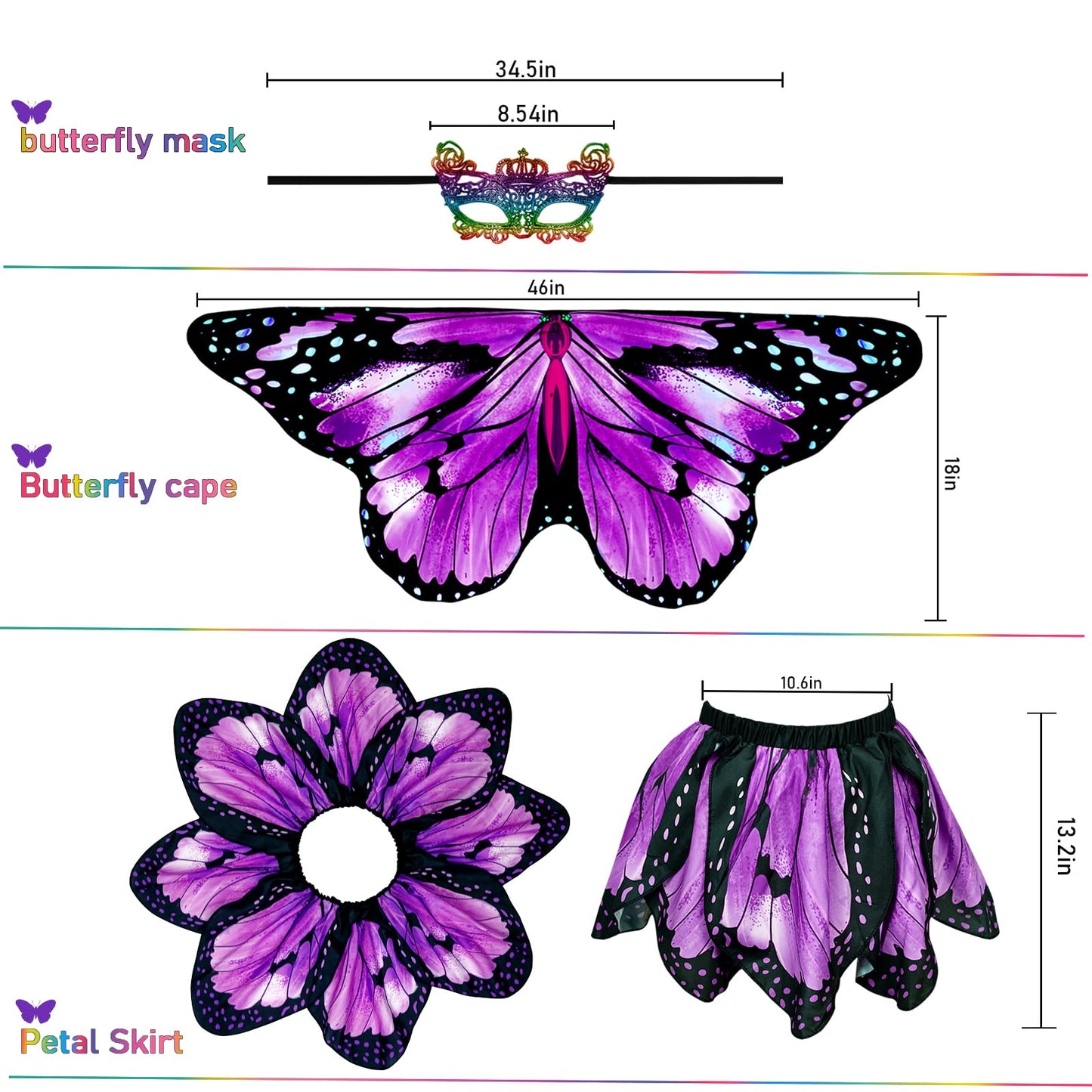 Sunlisky Kids Butterfly Wings Costume for Girls Fairy-Wings Toddler Dress Up Play Costumes Butterfly Skirt Set Mask Party Favors Gifts(Purple+skirt sets)