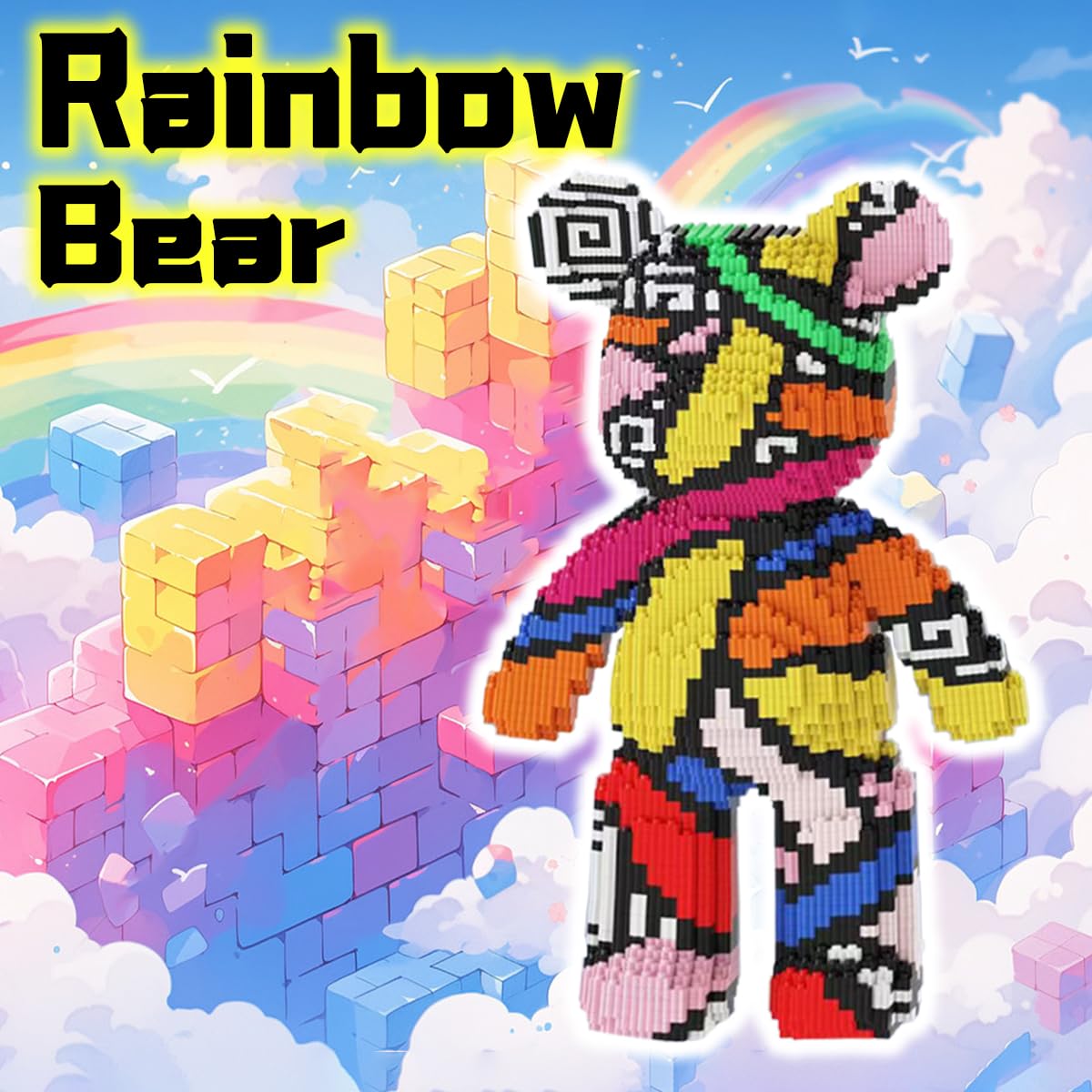 VIIOVOIIV Rainbow Graffiti Teddy Bear Building Blocks Set, 16.9 inches, Plastic, Multi-Color, Model: LHT20, Perfect Gift for All Ages