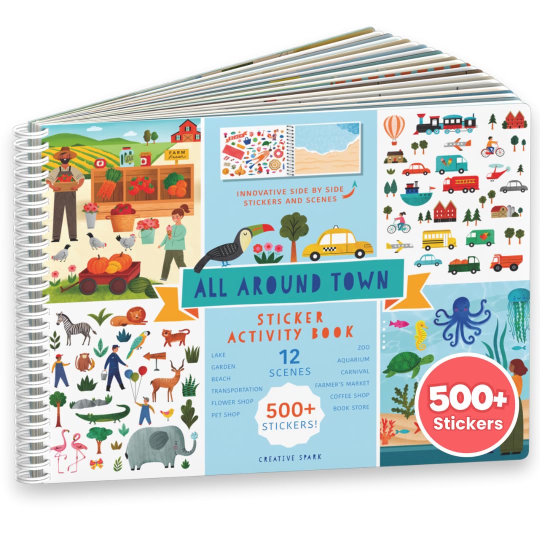 CUPKIN Sticker Books for Kids - All Around Town, 500+ Stickers, 12 Coloring Pages, Fun Activity Book for Ages 4-10, Blue