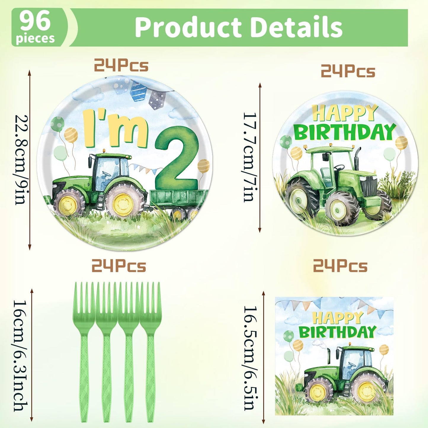 Rakuto Tractor 2nd Birthday Decorations Supplies, 96PCS Tractor Party Plates Napkins and Forks Set, Disposable Farm Two Years Ol