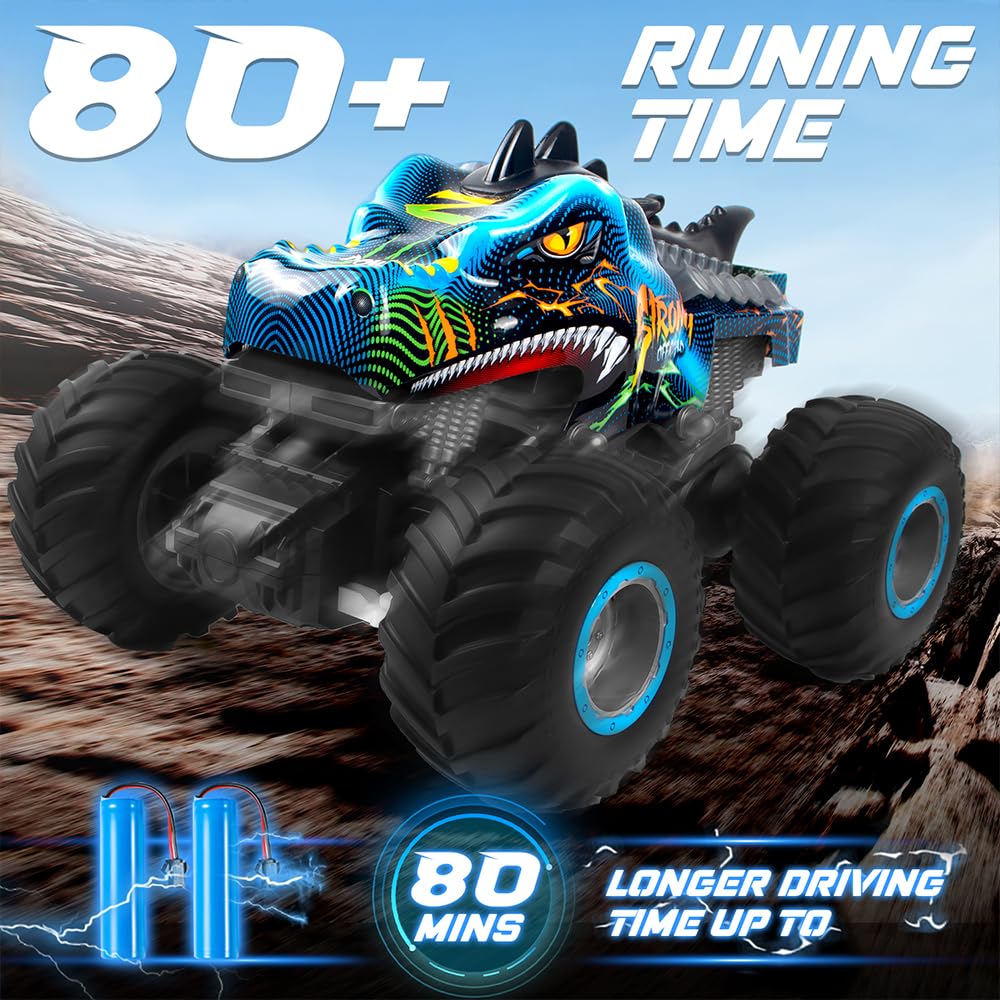 Rhybor Remote Control Dinosaur Car, 2.4Ghz All Terrain Remote Control Monster Truck, Rc Dinosaur Monster Car, Spray Music Monste
