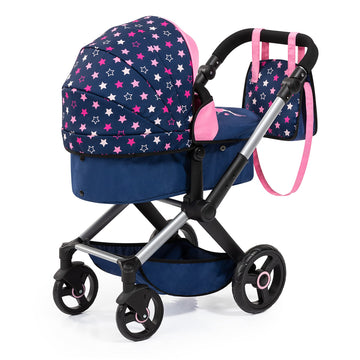 Bayer Design Dolls: Pram Xeo - Blue, Pink, Stars - Includes Shoulder Bag, Fits Dolls Up To 18'', Convertible To A Pushchair, Adj