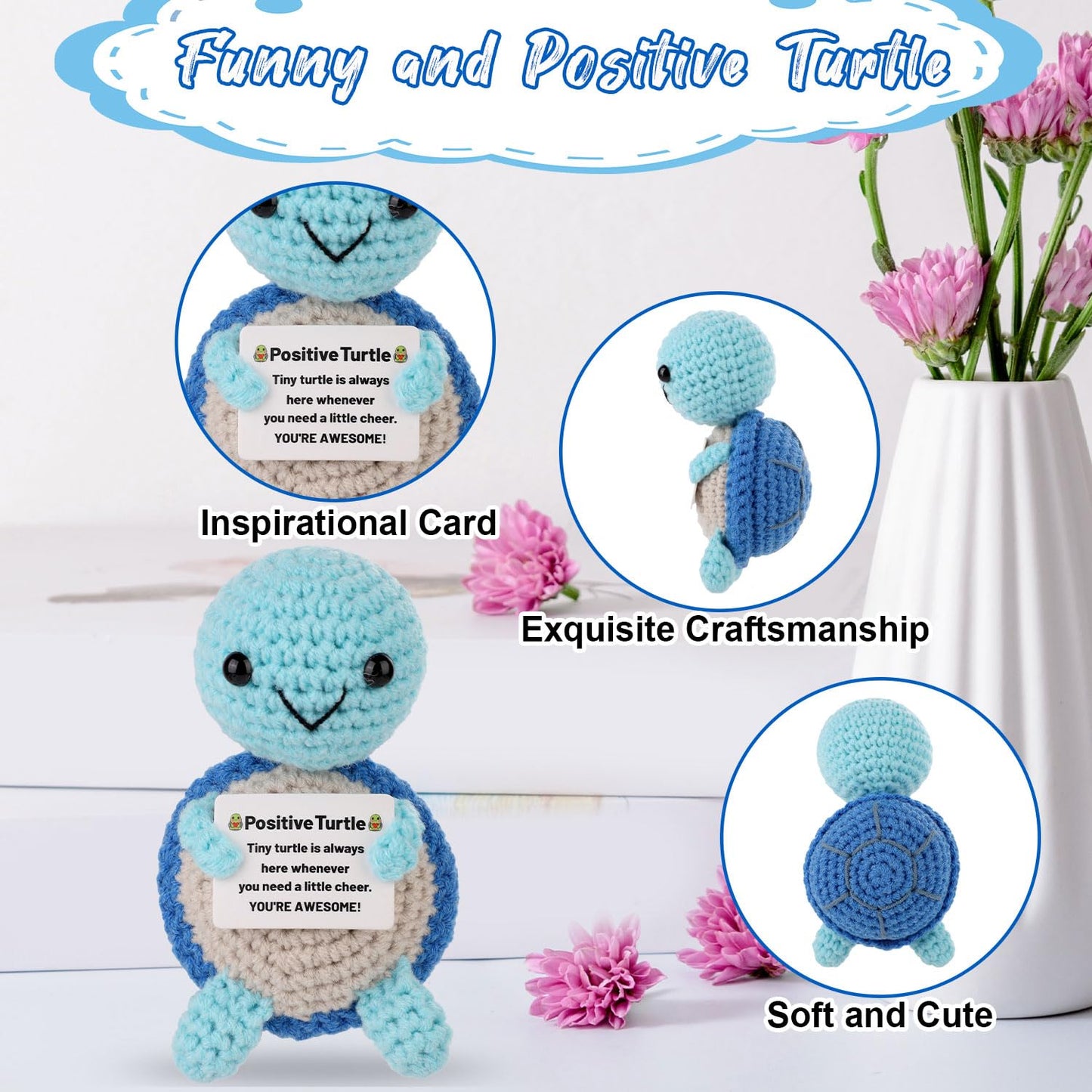 Positive Turtle Crochet  Mini Crochet Turtle Funny Emotional Support Animal Small Crochet Plush Toy with Positive Messages Cheer up Knitted Doll for Women Inspirational Gift Party Decoration(Blue)