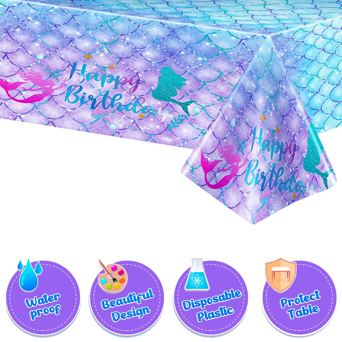 Daiuni 1Pcs Mermaid Birthday Tablecloth For Birthday Party Decoration, Plastic Disposable Rectangle Table Cover For Kids Girls P