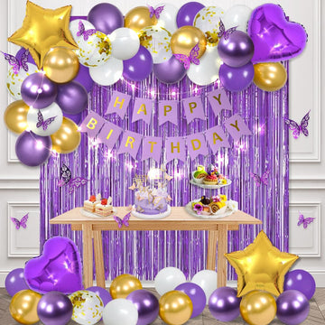 Msmancy Purple Birthday Decorations For Women Girl 65Pcs With Happy Birthday Banner Curtains Butterfly Heart Star Led Light And