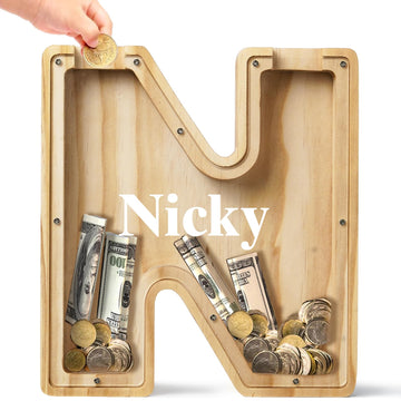 Bemaystar Personalized Piggy Bank: Customized Name Letter, Wooden Money Bank for Kids (Boys/Girls), Birthday Gift