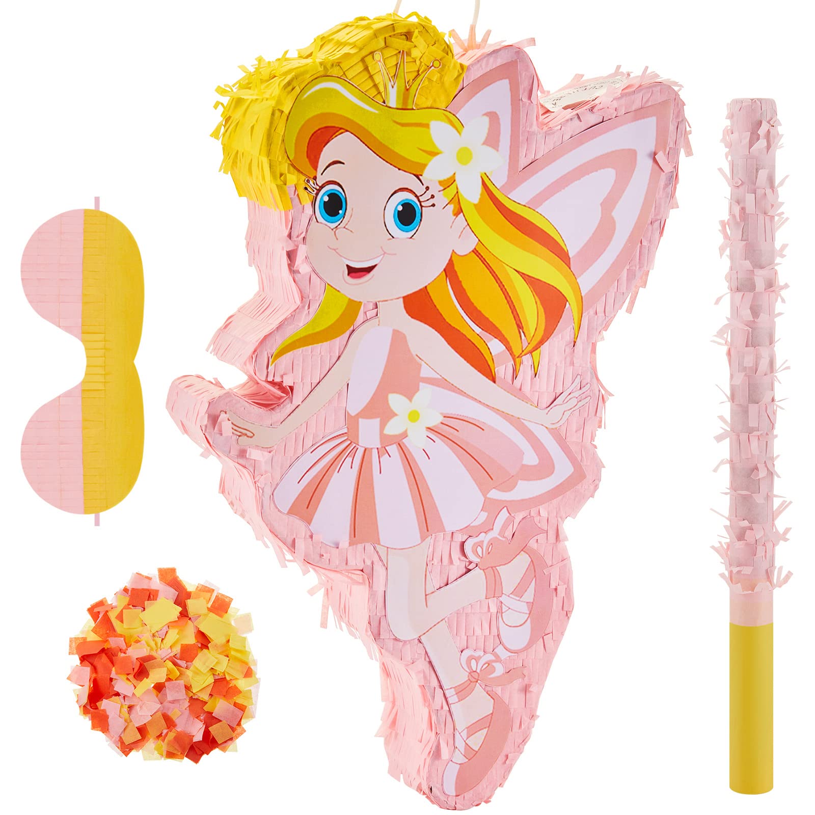 Lewtemi 4 Pcs Fairy Princess Piata Set 15.7 x 12.5 x 3  Pink Piata with Stick Blindfold Colorful Confetti, Small Piata for Girl 
