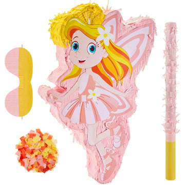 Lewtemi 4 Pcs Fairy Princess Piata Set 15.7 x 12.5 x 3  Pink Piata with Stick Blindfold Colorful Confetti, Small Piata for Girl 