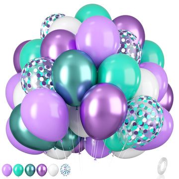 Mermaid Balloons, 12 Inches Purple And Green Balloons Teal Purple White Metallic Confetti Green Purple For Girls Mermaid Birthda