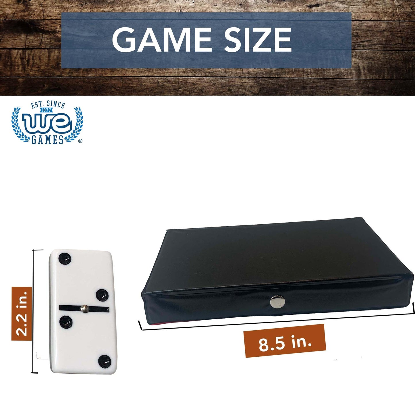 WE Games Double 6 Dominoes Set with Spinners - Vintage Style Case, 8.5 x 4.75 x 1 in., Black & White