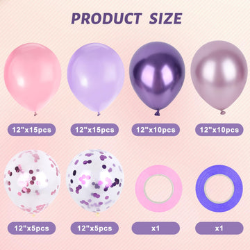 Lovestown 60Pcs Pink Purple Balloons, 12 Inches Metallic Violet Garland Arch Kit Confetti Latex Balloons With Ribbon For Girls Birthday Baby Shower Wedding Party Decorations
