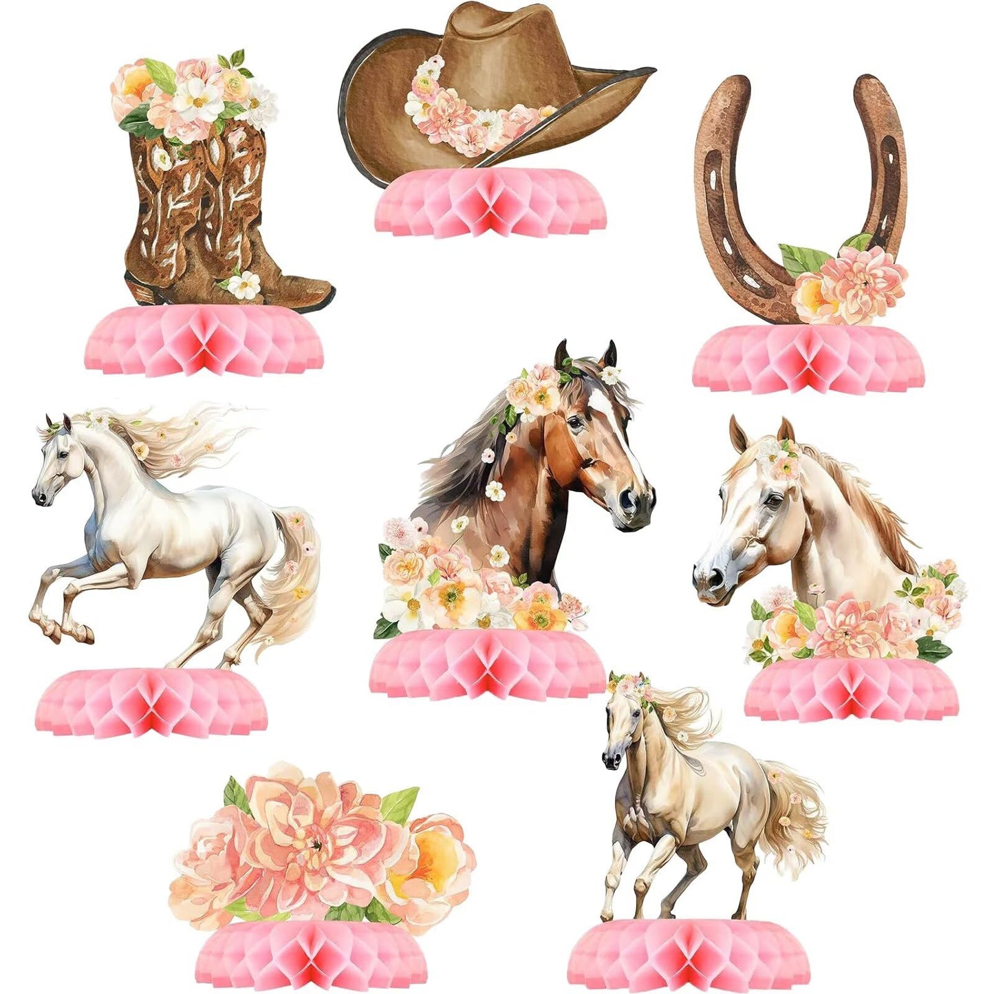Pau1Hami1ton 8 PCS Girl Horse Theme Honeycomb Table Centerpieces Decorations,Cake Table or Room Decor - Easy to Assemble& Reusab