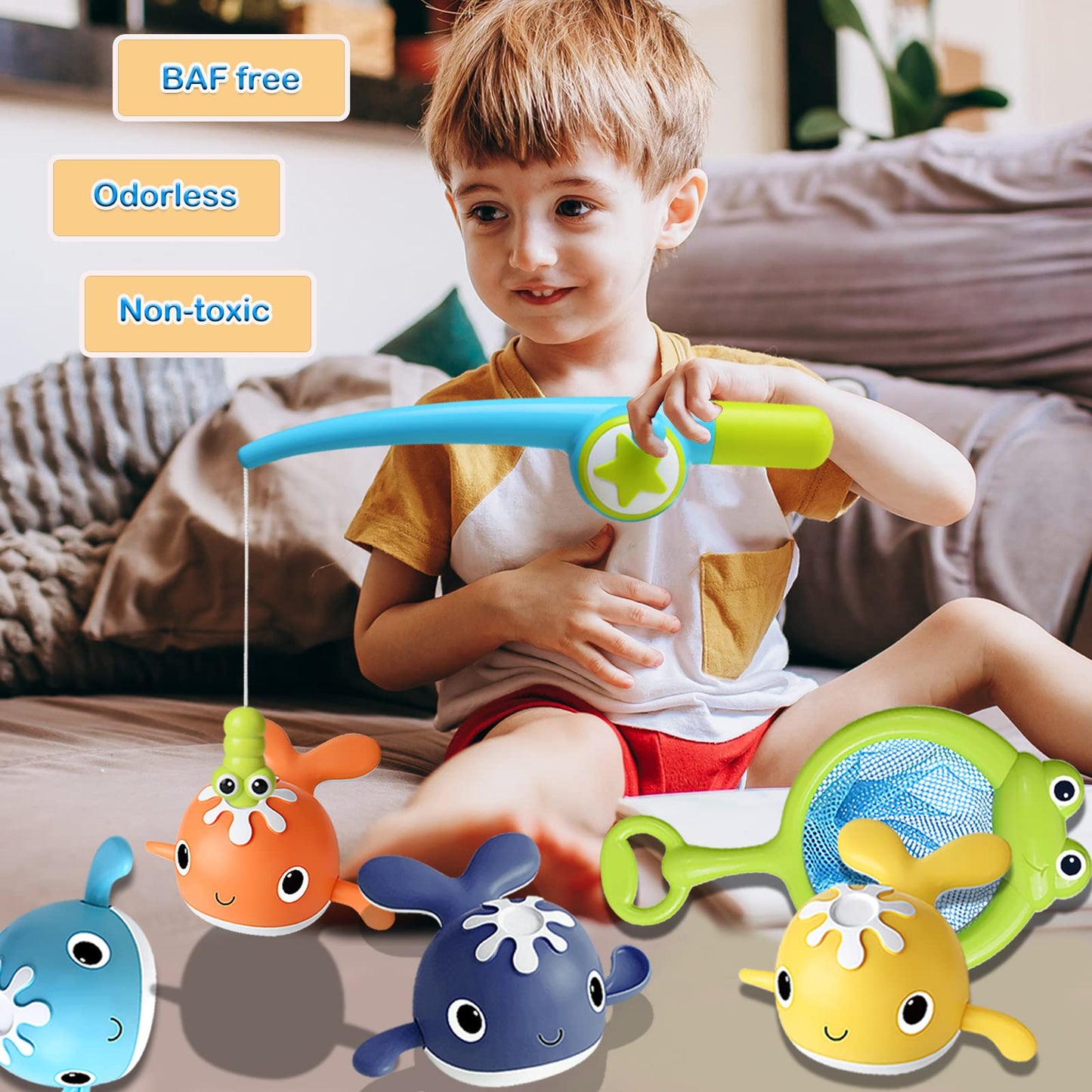 Loyuegiyo Baby Bath Toys,Magnet Fishing Game Bath Baby Toy For 1-3 4-8 Year Old Toddler Boys Girls,Toys For Kid,Baby Bathtub Toys 18 Months+,4 Wind-Up Whale Water Shower Toy&1 Fishing Pole&1 Net