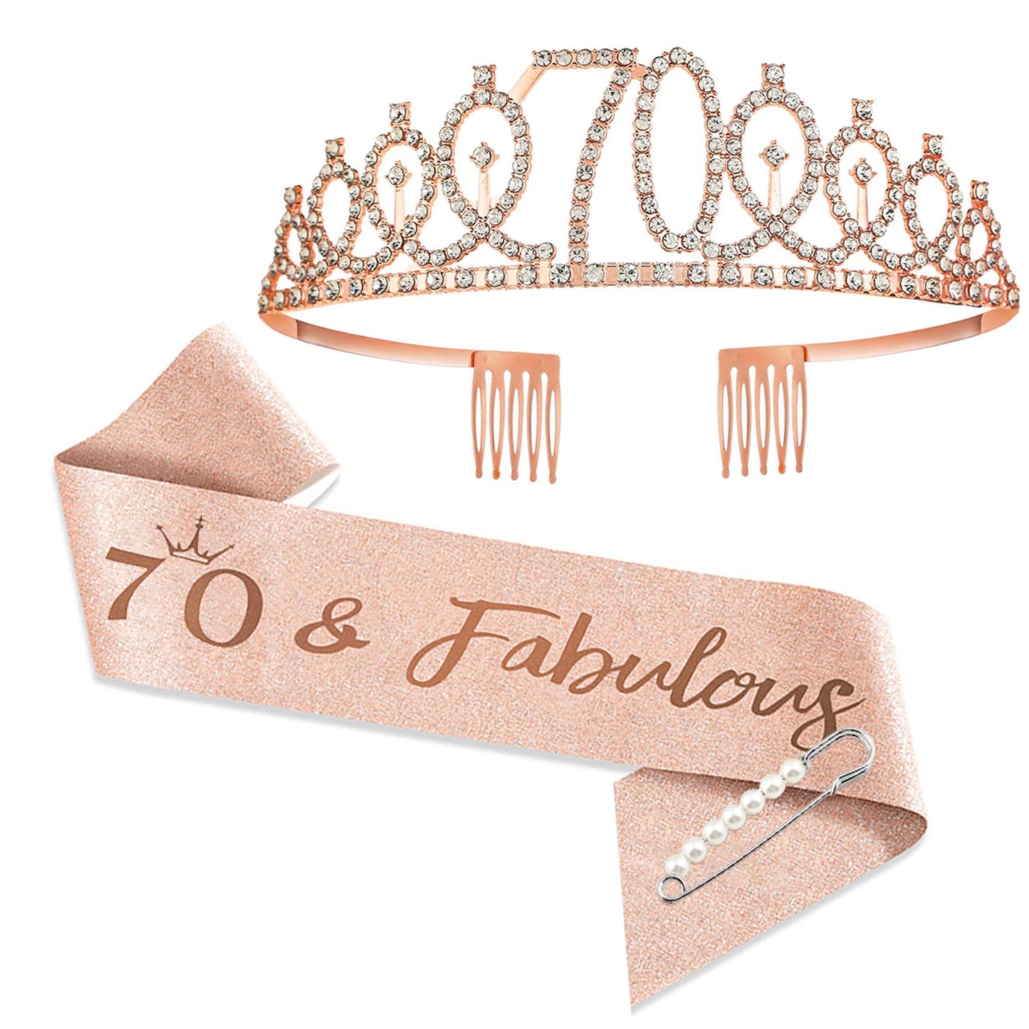 70Th Birthday Tiaras And Crowns For Women Girls, Birthday Decorations Rose Gold Sash Crystal Tiara Party Supplies