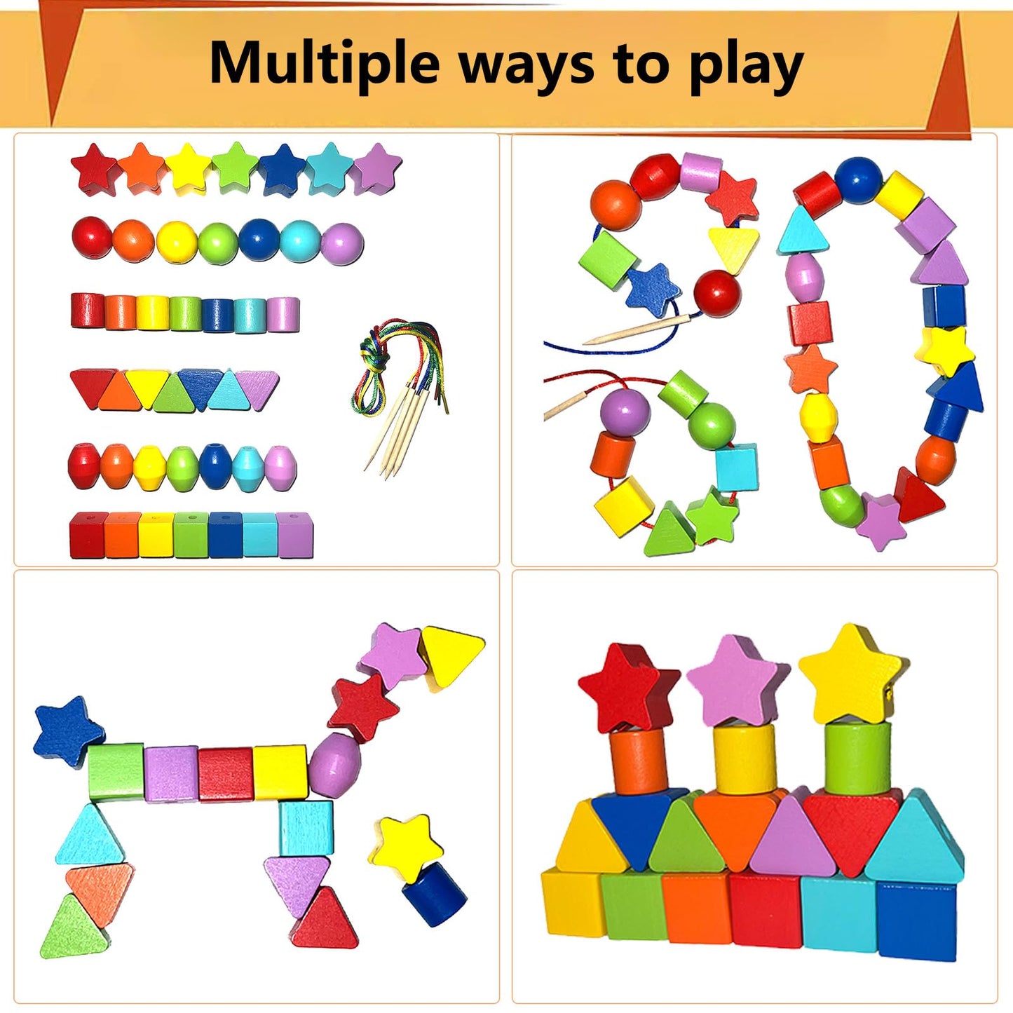 Intsinzi 46Pcs Montessori Lacing Toddler Beads Threading Toys For Toddlers Wooden Primary String Sewing Preschool Fine Motor Skills Educational Toy For 3 4 5 6Years Old Boys Girls